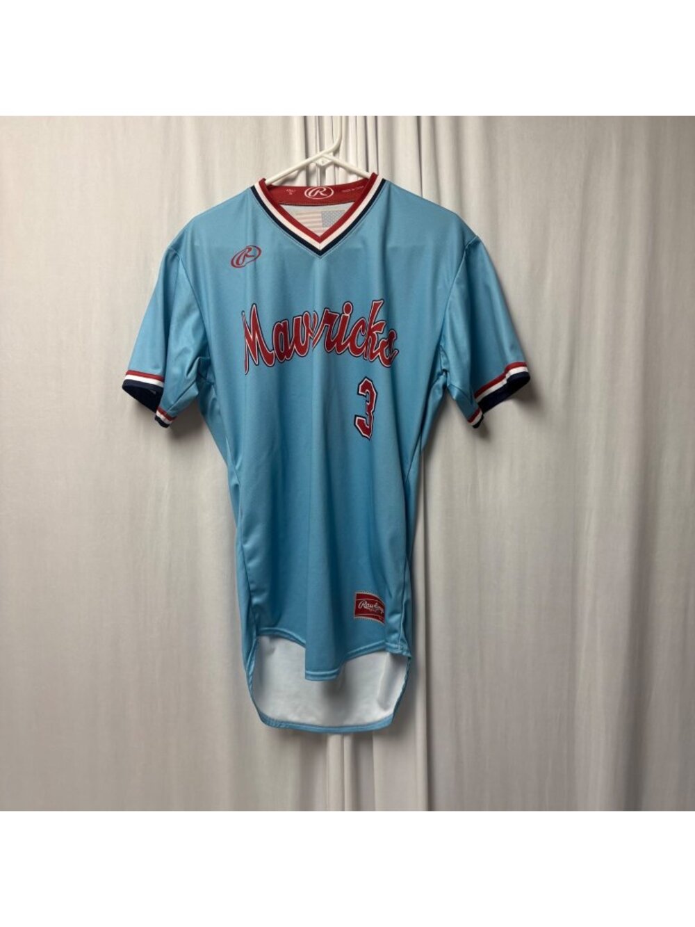 Rawlings Mavericks Baseball Jersey Adult 38 Blue Short Sleeve V-Neck Pullover #3